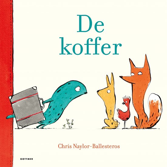De koffer Boekcover met diverse dieren, een vreemd dier met een koffer en de boektitel