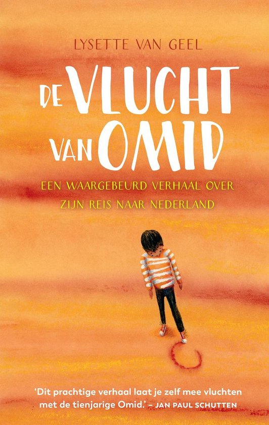 De vlucht van Omid Boekcover met oranje achtergrond waarin een kind staat en de titel van het boek