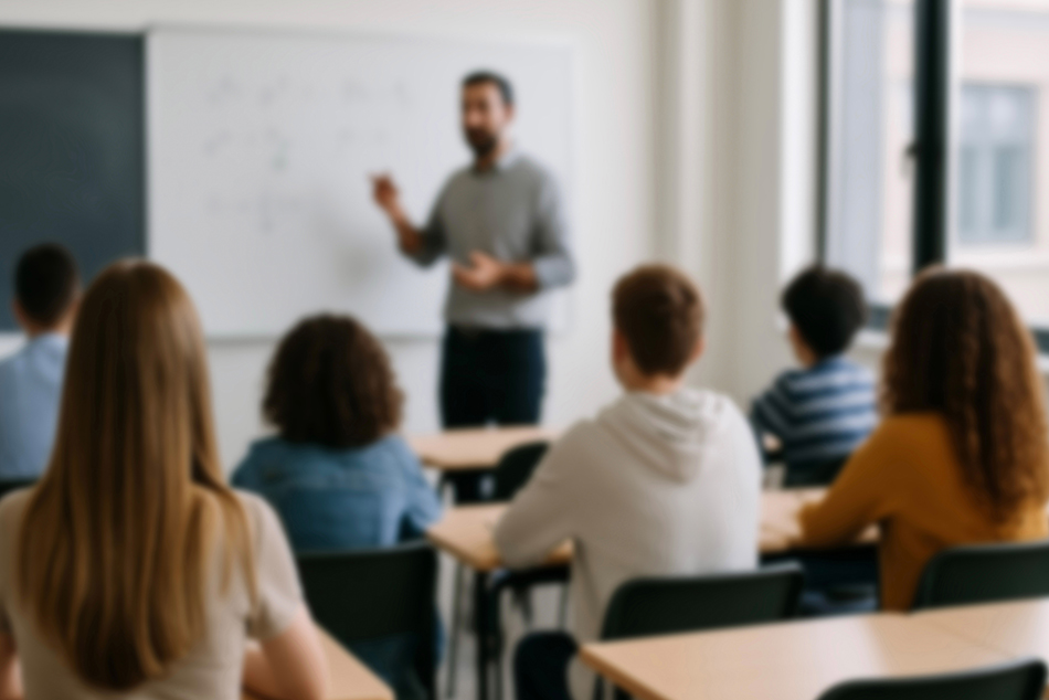 Geblurde foto van een klas op het vo met een leraar voor het schoolbord