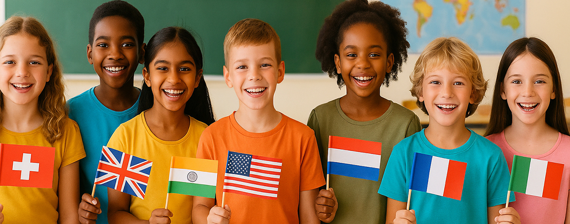 Kinderen in de klas van verschillende komaf met vlag in de hand.