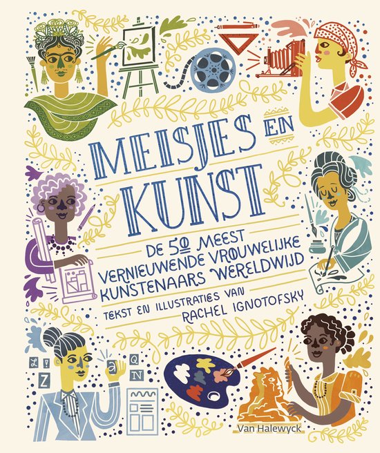 Meisjes en kunst Boekcover met afbeeldingen van vrouwen die kunst uitoefenen en de boektitel
